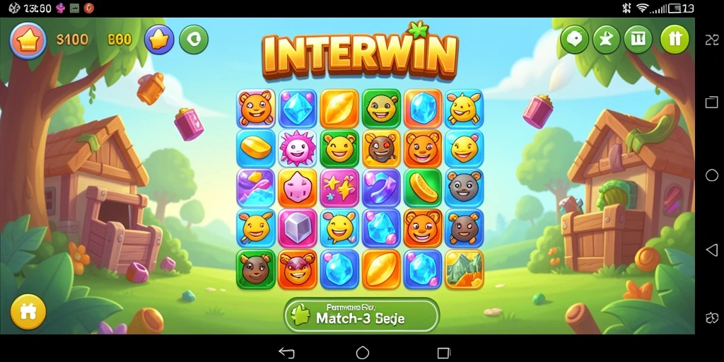 Tangkapan layar INTERWIN menampilkan gameplay seru dengan warna-warni permata.