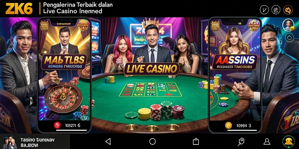 Screenshot utama ZK6 menunjukkan dealer profesional dan permainan live yang mendebarkan.